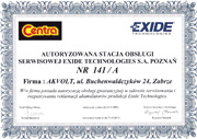 Certyfikat od firmy Exide